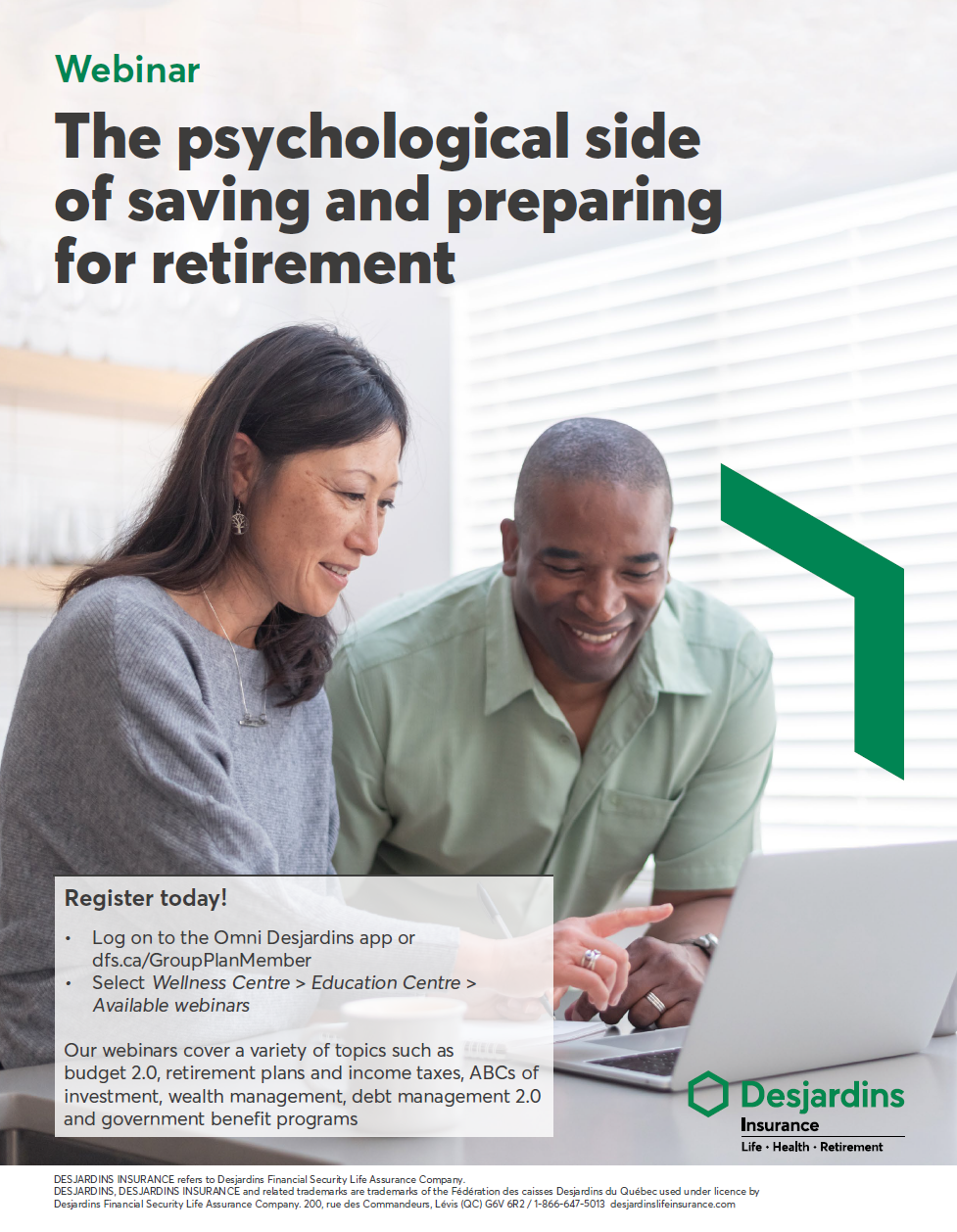 Poster promoting the webinar, a diversified couple in their forties is discussing and planning in front of a laptop, 8.5 x 11 format